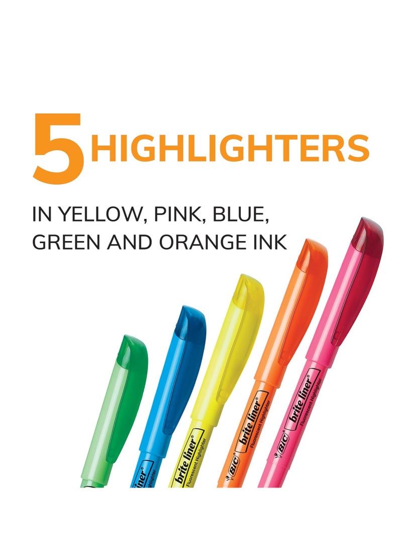 Bic BIC Brite Liner Highlighters, Chisel Tip, 5-Count Pack of Highlighters Assorted Colors, Ideal Highlighter Set for Organizing and Coloring  - Image 5