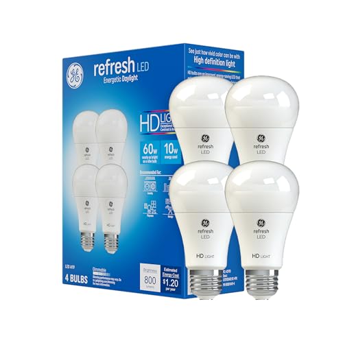 GE Refresh LED Light Bulbs, 10 Watts (60 Watt Eqv) Daylight HD Light, A19 Standard Bulbs (4 Pack) - Image 1