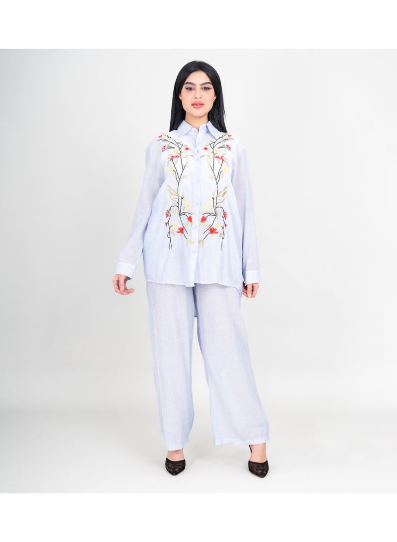 اكسا طقم عصري قطعتين قميص وبنطلون مطرز بأوراق ملونة أزرق - Image 1