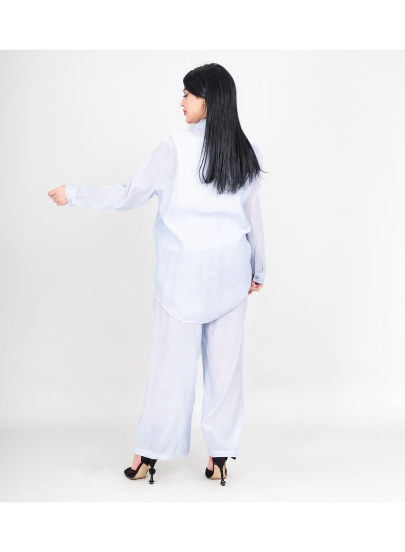 اكسا طقم عصري قطعتين قميص وبنطلون مطرز بأوراق ملونة أزرق - Image 4