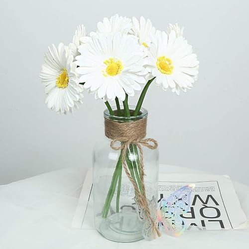CURATED CART Gerbera Daisy Flowers - Pack of 5 White Faux Blooms, 30cm Tall | Real Touch PU Petals with Bendable Green Stems | Artificial Flower Bouquet for Home, Kitchen, Office (White) (No Vase) - Image 1