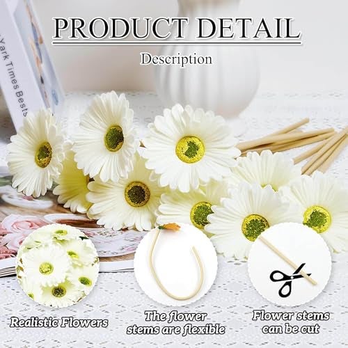 CURATED CART Gerbera Daisy Flowers - Pack of 5 White Faux Blooms, 30cm Tall | Real Touch PU Petals with Bendable Green Stems | Artificial Flower Bouquet for Home, Kitchen, Office (White) (No Vase) - Image 2