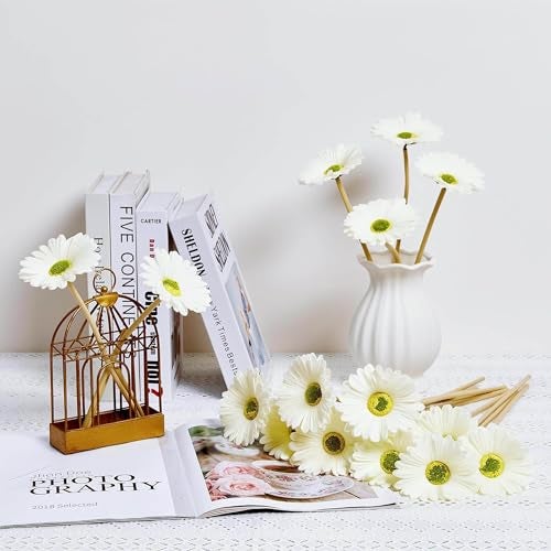 CURATED CART Gerbera Daisy Flowers - Pack of 5 White Faux Blooms, 30cm Tall | Real Touch PU Petals with Bendable Green Stems | Artificial Flower Bouquet for Home, Kitchen, Office (White) (No Vase) - Image 4