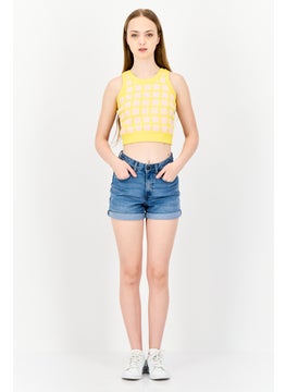 ESPRIT Women Round Neck Sleeveless Windowpane Pattern Cropped Top, Multicolor  - Image 3