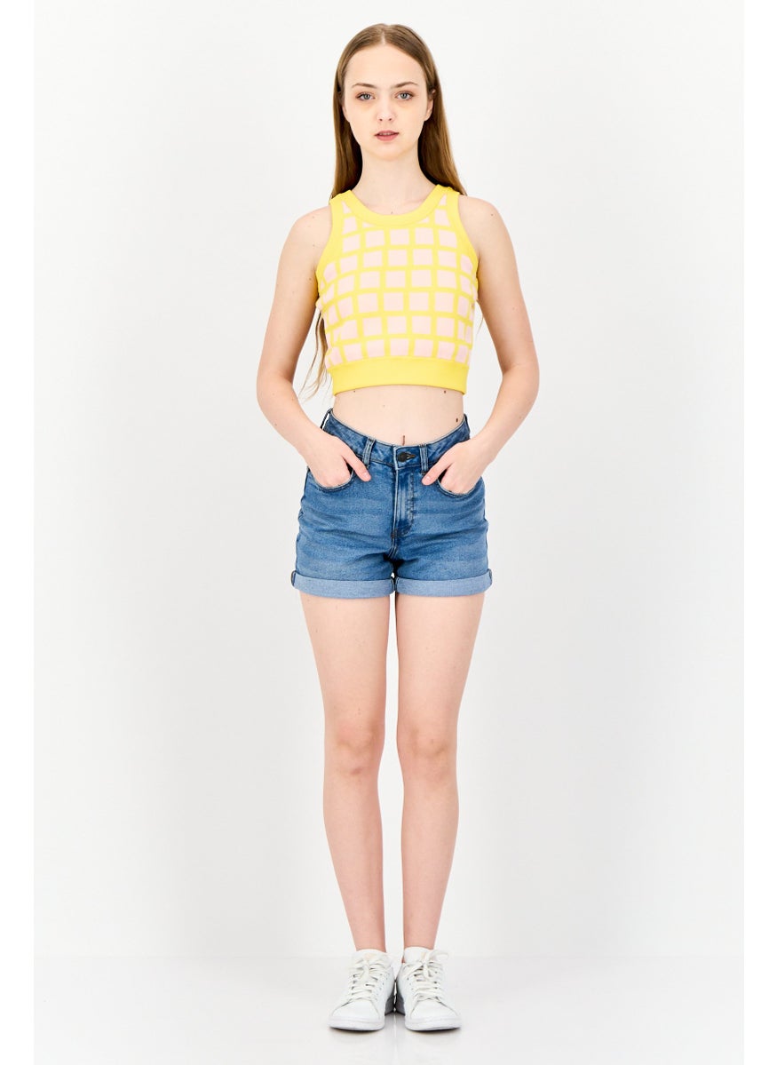 ESPRIT Women Round Neck Sleeveless Windowpane Pattern Cropped Top, Multicolor  - Image 3
