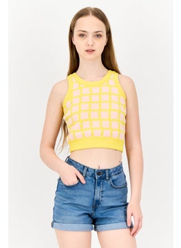 ESPRIT Women Round Neck Sleeveless Windowpane Pattern Cropped Top, Multicolor  - Image 1