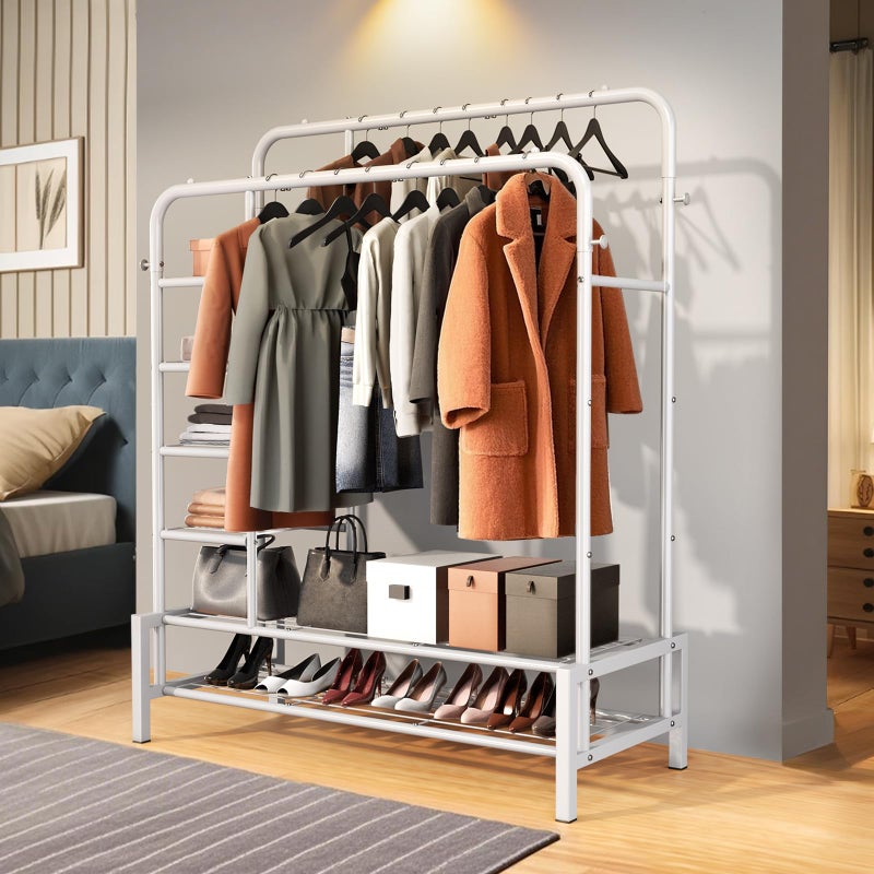 ZHKINGGS Clothes Rack, Double Rods Clothing Rack with 2 Bottom Shelves & 4 Side Shelves, Metal Garment Rack for Hanging Clothes, Heavy Duty Clothes Rack for Bedroom, Laundry, Living Room, White - Image 3