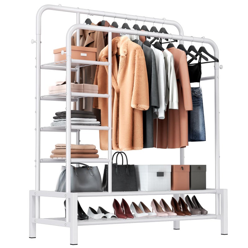 ZHKINGGS Clothes Rack, Double Rods Clothing Rack with 2 Bottom Shelves & 4 Side Shelves, Metal Garment Rack for Hanging Clothes, Heavy Duty Clothes Rack for Bedroom, Laundry, Living Room, White - Image 1