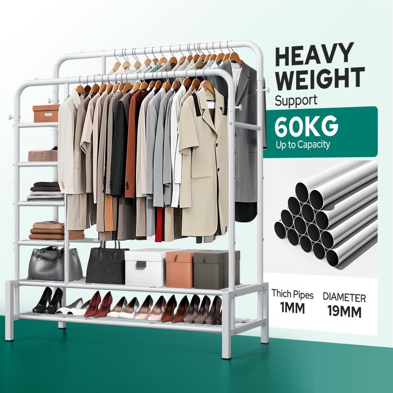 ZHKINGGS Clothes Rack, Double Rods Clothing Rack with 2 Bottom Shelves & 4 Side Shelves, Metal Garment Rack for Hanging Clothes, Heavy Duty Clothes Rack for Bedroom, Laundry, Living Room, White - Image 2