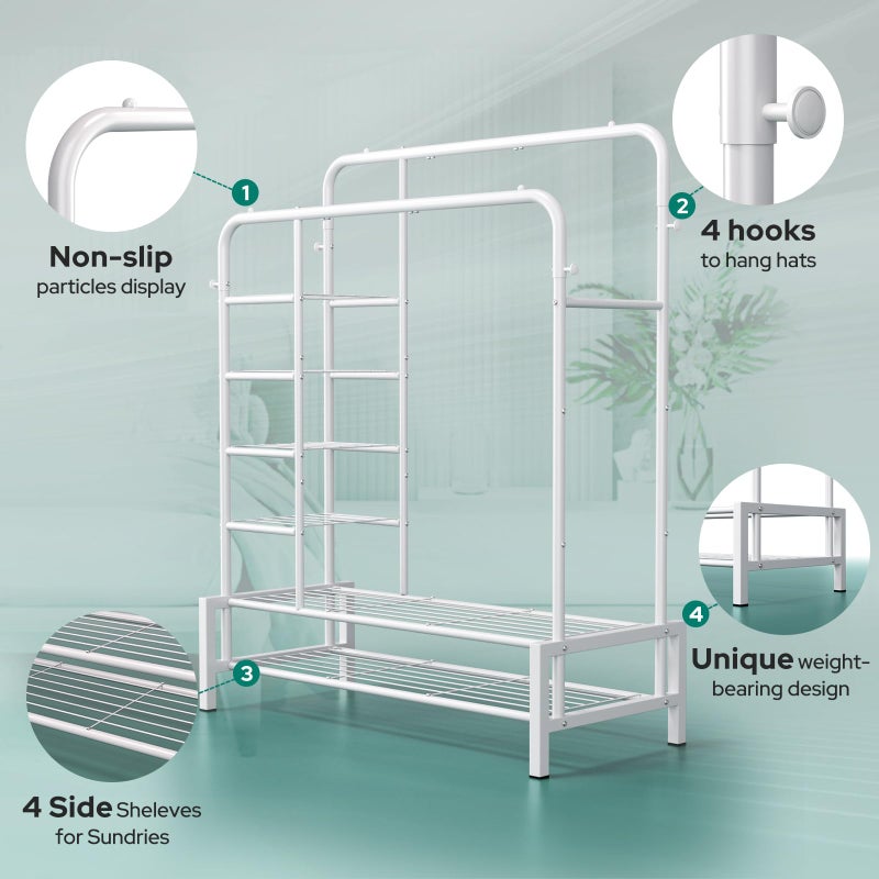 ZHKINGGS Clothes Rack, Double Rods Clothing Rack with 2 Bottom Shelves & 4 Side Shelves, Metal Garment Rack for Hanging Clothes, Heavy Duty Clothes Rack for Bedroom, Laundry, Living Room, White - Image 4