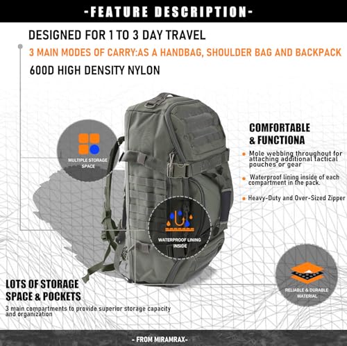 Miramrax Gym Bag Duffle Bags Backpack Travel Weekender Bag for Men Women Workout Bag for MilitarySportsOvernightBasketballTacticalFootballWaterproof Tear Resistant Green 45l - Image 3