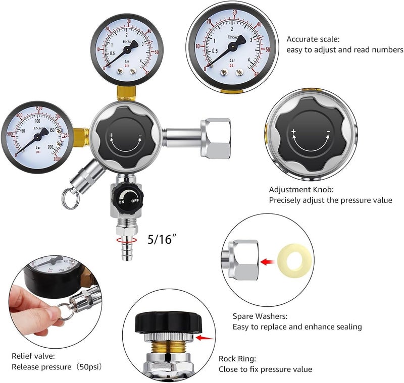 MRbrew Keg CO2 Regulator, Kegerator Regulator CGA-320, 0-60 PSI Working Pressure, 0-3000 PSI Tank Pressure, Beer Regulator, Co2 Tank Pressure Regulator with Safety Pressure Relief Valve - Image 3