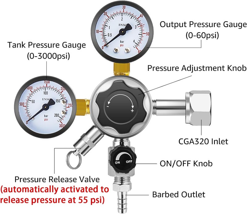 MRbrew Keg CO2 Regulator, Kegerator Regulator CGA-320, 0-60 PSI Working Pressure, 0-3000 PSI Tank Pressure, Beer Regulator, Co2 Tank Pressure Regulator with Safety Pressure Relief Valve - Image 2