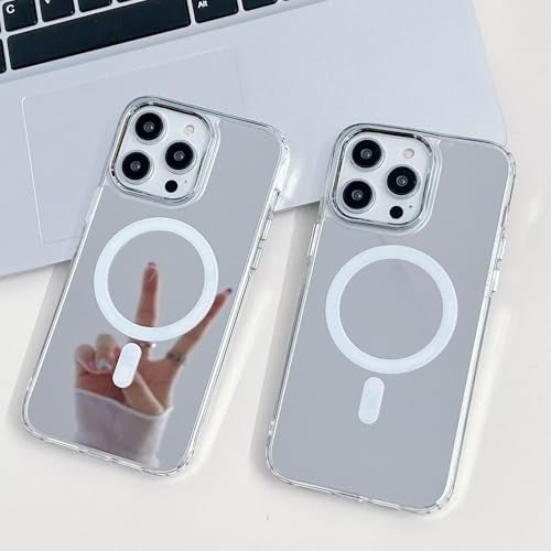 Rnrieyta Miagon Mirror Magnetic Case for iPhone 17 Pro Max,Cover [Compatible with Magsafe] Makeup Mirror Effect Bright Reflection Plating Bumper Back Rubber Phone Case Silver - Image 3