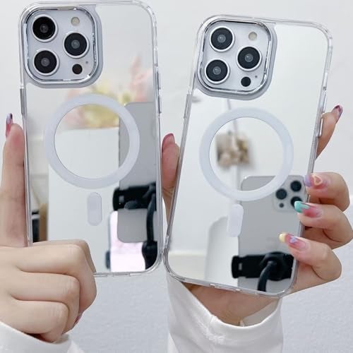 Rnrieyta Miagon Mirror Magnetic Case for iPhone 17 Pro Max,Cover [Compatible with Magsafe] Makeup Mirror Effect Bright Reflection Plating Bumper Back Rubber Phone Case Silver - Image 5