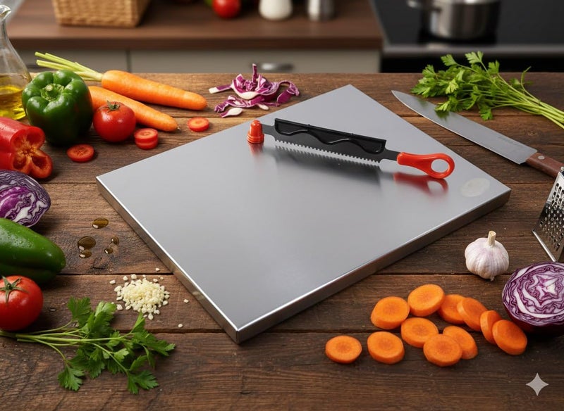 VishAl Smart MAll Premium 304 Stainless Steel Cutting Board with Built-in Vegetable Cutter – Heavy Duty Rust-Free Kitchen Chopping Board for Fast Sabzi, Fruits & Meat Prep - Image 3