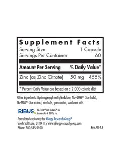 Allergy Research Group Zinc Citrate 50 Mg Immune Mood Bone Support 60 Vegetarian Capsules  - Image 3