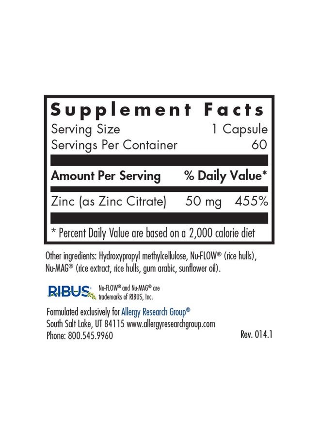 Allergy Research Group Zinc Citrate 50 Mg Immune Mood Bone Support 60 Vegetarian Capsules - Image 3