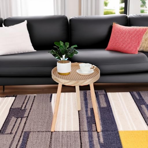 ZYBT Small Side Table, Rattan Nightstand, Round End Boho Bedside Accent Mid-Century Modern Bed Tables for Living Room Bedroom Office Balcony(Natural Walnut) - Image 5