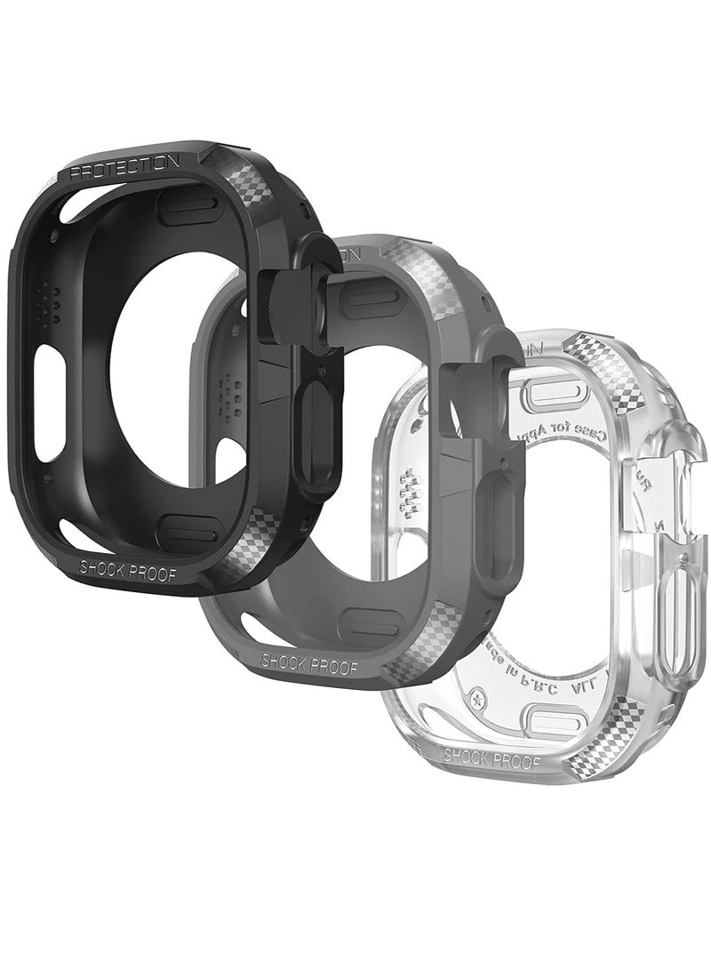 KASTWAVE Watch protective case compatible with Apple Watch Ultra 49mm,3pack Overall Shockproof TPU Soft Sensitive Touch Protective Case (Black/Grey/Clear) - Image 1