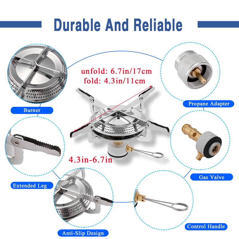 Caudblor Portable Camping Stove Burner, Small Backpacking Stoves with Butane Adapter, Lightweight Hiking Stove with Carrying Case, Little Propane Camp Stove for Travel - Image 3