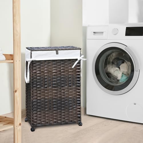 Hiagnete 70L Slim Laundry Hamper with Lid & Wheels, Rolling Laundry Basket with 2 Removable Liner Bags & 3 Mesh Bags, Narrow Dirty Clothes Basket, Foldable Handwoven Rattan Laundry Sorter, Brown - Image 2