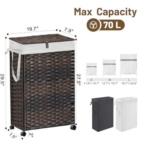 Hiagnete 70L Slim Laundry Hamper with Lid & Wheels, Rolling Laundry Basket with 2 Removable Liner Bags & 3 Mesh Bags, Narrow Dirty Clothes Basket, Foldable Handwoven Rattan Laundry Sorter, Brown - Image 4
