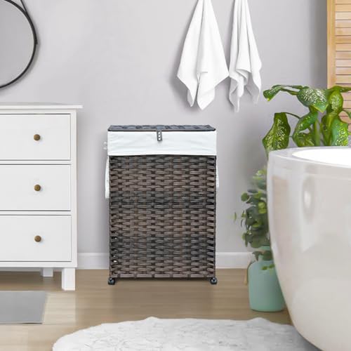Hiagnete 70L Slim Laundry Hamper with Lid & Wheels, Rolling Laundry Basket with 2 Removable Liner Bags & 3 Mesh Bags, Narrow Dirty Clothes Basket, Foldable Handwoven Rattan Laundry Sorter, Brown - Image 3