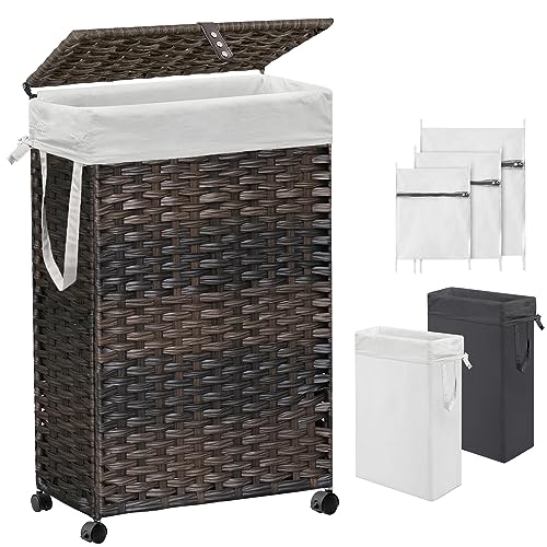 Hiagnete 70L Slim Laundry Hamper with Lid & Wheels, Rolling Laundry Basket with 2 Removable Liner Bags & 3 Mesh Bags, Narrow Dirty Clothes Basket, Foldable Handwoven Rattan Laundry Sorter, Brown - Image 1