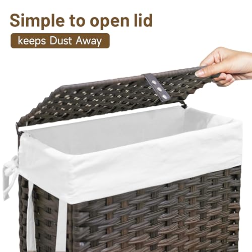 Hiagnete 70L Slim Laundry Hamper with Lid & Wheels, Rolling Laundry Basket with 2 Removable Liner Bags & 3 Mesh Bags, Narrow Dirty Clothes Basket, Foldable Handwoven Rattan Laundry Sorter, Brown - Image 5
