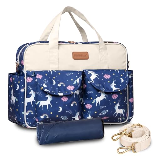 Motherly Grace Tote Diaper Bag for Mothers for Travel with Changing Mat and 6-Month Warranty Assurance| Maternity Hospital Bag for Newborn | Water-Resistant Baby Bag for mom-Unicorn Blue - Image 1