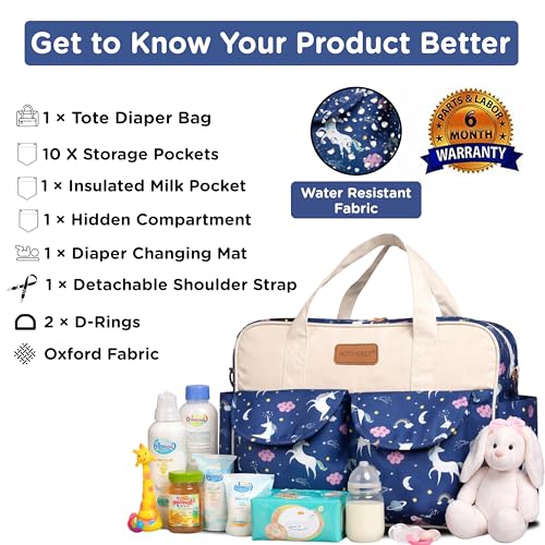 Motherly Grace Tote Diaper Bag for Mothers for Travel with Changing Mat and 6-Month Warranty Assurance| Maternity Hospital Bag for Newborn | Water-Resistant Baby Bag for mom-Unicorn Blue - Image 2