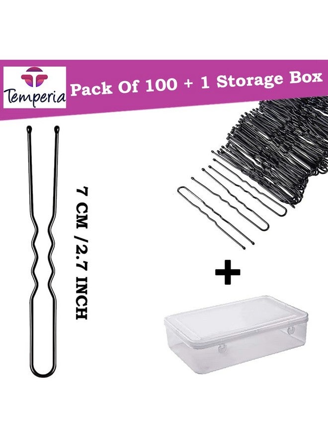 Temperia U Hair Pins For Women & Girls | Juda Pins (Pack Of 100) (With Storage Box) (7Cm Long) | Stylish U-Shaped Hairpins For Hairstyling | Hair Styling Accessories Clips (Black) - Image 2