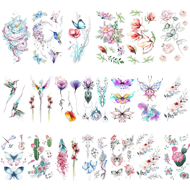 Glaryyears Flower Temporary Tattoos for Women Girls, 30-Pack Variety Pack Small Floral Fake Tattoos Stickers, Sexy Realistic Tattoos of Blossom Rose Lavender Butterfly on Arm Wrist Back Body - Image 1