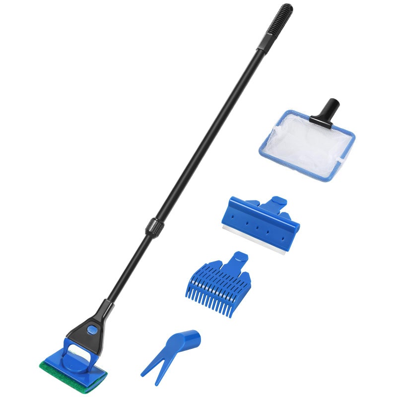 AQUANEAT Aquarium Cleaning Tools, Fish Tank Cleaner Kit with Adjustable Long Handle, 5 in 1 Set Including Fish Net, Algae Scraper - Image 1