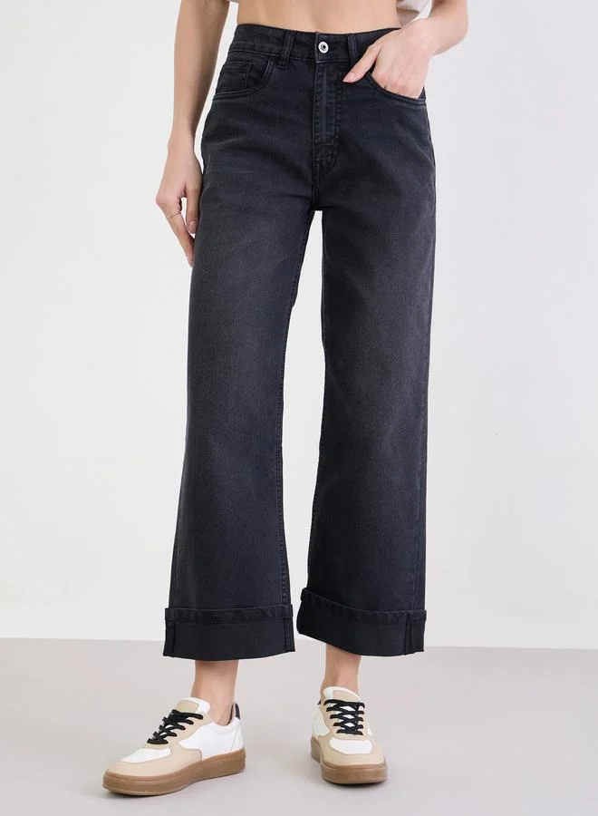 Styli Black Turn-Up Hem Straight Leg Jeans