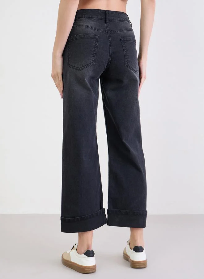 Styli Black Black Turn-Up Hem Straight Leg Jeans for Women | Best Price UAE