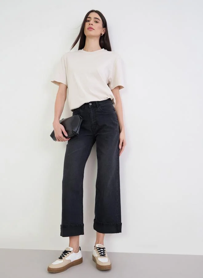 Styli Black Turn-Up Hem Straight Leg Jeans