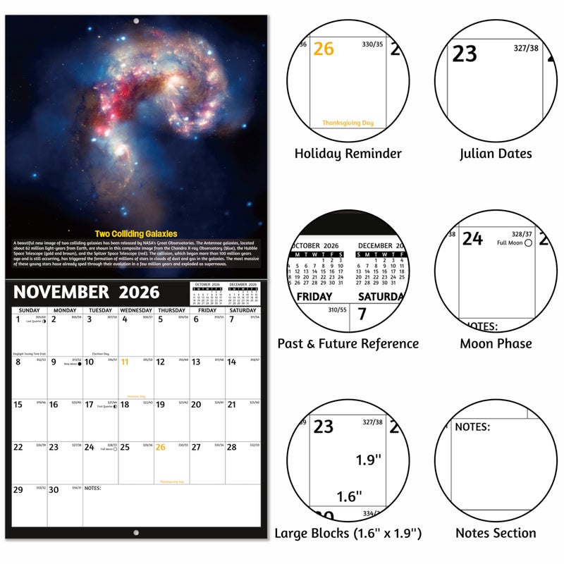 GoiUnlt 2026 Calendar, 2026 Wall Calendar, Space Wall Calendar 2026. Jan. 2026 - Dec. 2026, 12" x 24" (Open), 12-Month Calendar with Large Blocks, Thick Paper, Hanging Holes, Ample Writing Space - Image 4
