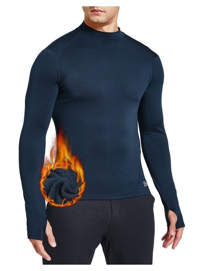 FitsT4 Sports Men's Thermal Fleece Lined Mock Neck Baselayer Tops Long Sleeve Running Athletic Shirt with Thumbholes Navy XXL - Image 1