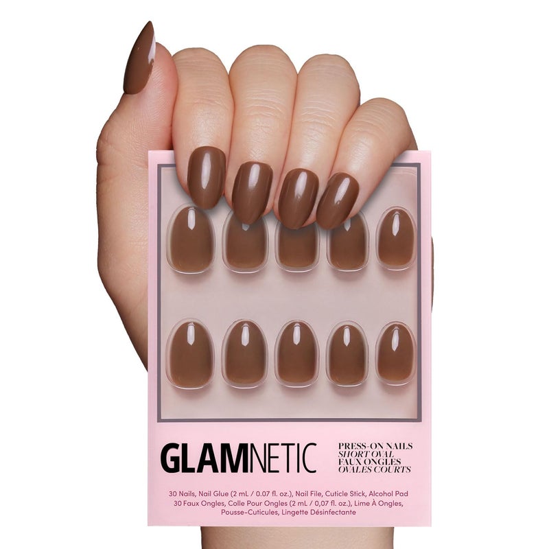 Glamnetic Press On Nails - Chocolate Brown | Opaque Muted Soft Brown Short Oval Fake Nails, Salon Quality | 15 Sizes - 30 Nail Kit - Image 1