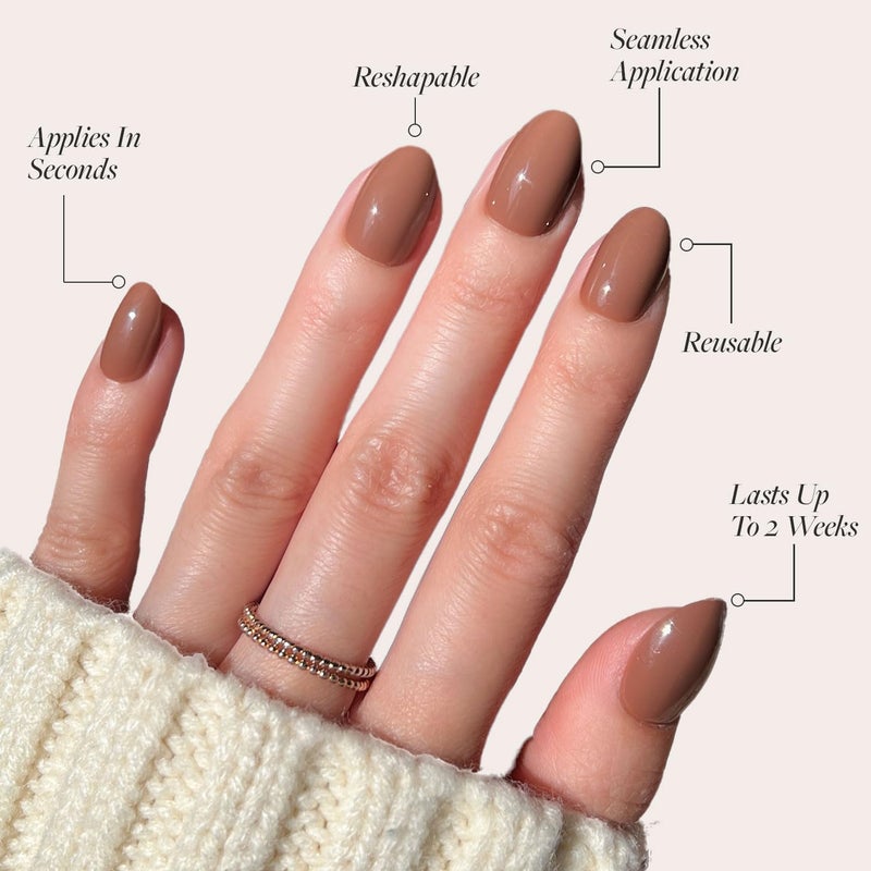 Glamnetic Press On Nails - Chocolate Brown | Opaque Muted Soft Brown Short Oval Fake Nails, Salon Quality | 15 Sizes - 30 Nail Kit - Image 3