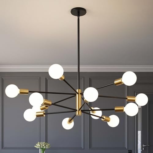 RUIYEY Modern Chandelier Ceiling Light Fixture - 33.4" 12-Light Gold and Black Sputnik Chandeliers, Height Adjustable Industrial Farmhouse Pendant Lighting for Dining Room, Living Room, Kitchen Island - Image 1