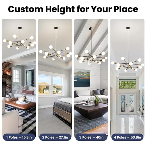 RUIYEY Modern Chandelier Ceiling Light Fixture - 33.4" 12-Light Gold and Black Sputnik Chandeliers, Height Adjustable Industrial Farmhouse Pendant Lighting for Dining Room, Living Room, Kitchen Island - Image 3