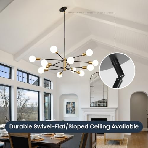 RUIYEY Modern Chandelier Ceiling Light Fixture - 33.4" 12-Light Gold and Black Sputnik Chandeliers, Height Adjustable Industrial Farmhouse Pendant Lighting for Dining Room, Living Room, Kitchen Island - Image 5