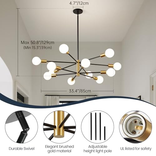 RUIYEY Modern Chandelier Ceiling Light Fixture - 33.4" 12-Light Gold and Black Sputnik Chandeliers, Height Adjustable Industrial Farmhouse Pendant Lighting for Dining Room, Living Room, Kitchen Island - Image 2