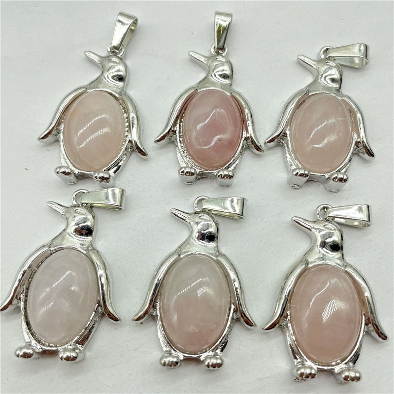 Generic Cross-border hot sale natural crystal agate semi-precious stone alloy Penguin inlaid gemstone pendant necklace accessories Powder Crystal 