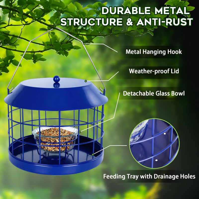 Gbekery Caged Bluebird Feeder for Mealworms with Glass Bowl, Squirrel Proof Bird Feeder for Small Birds Only, Detachable Hook, Large Space, Outdoors Weatherproof, Metal, Blue - Image 5