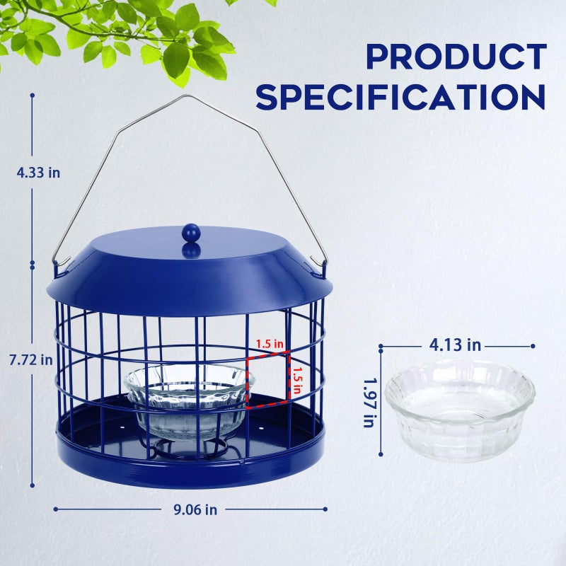 Gbekery Caged Bluebird Feeder for Mealworms with Glass Bowl, Squirrel Proof Bird Feeder for Small Birds Only, Detachable Hook, Large Space, Outdoors Weatherproof, Metal, Blue - Image 2