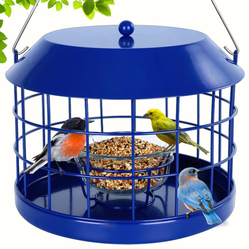 Gbekery Caged Bluebird Feeder for Mealworms with Glass Bowl, Squirrel Proof Bird Feeder for Small Birds Only, Detachable Hook, Large Space, Outdoors Weatherproof, Metal, Blue - Image 1